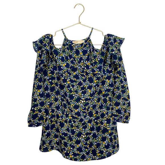 Michael Kors Navy Blue Floral‎ Cold-Shoulder Blouse Business  – Size S (WP406) - Picture 1 of 7